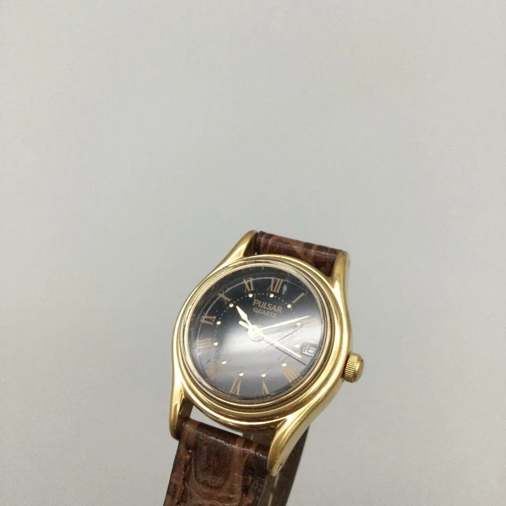 Vintage Pulsar Womens Watch 23mm Gold Tone Leather Date V827-0380 New Battery